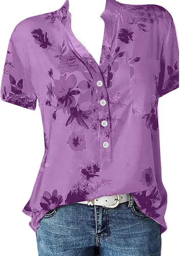 Miniatura 4 de MRGIINRI Womens Tops 2023 Button Down Summer Fashion Floral Blouse Dressy Casual Short Sleeve Loose Fit Shirts with Pockets