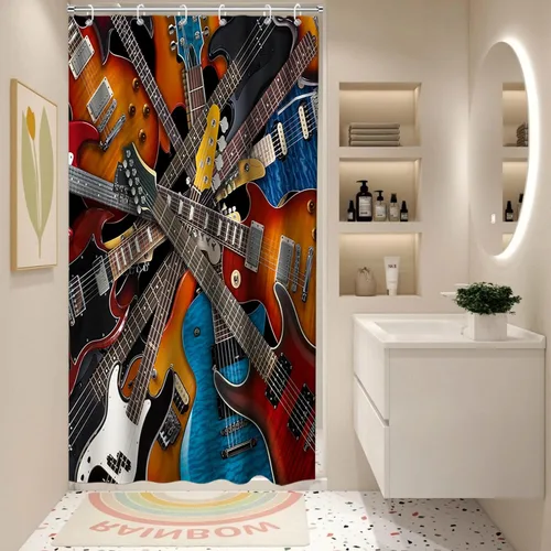 Miniatura 2 de Juego de cortinas de ducha musicales de tela con ojales y ganchos, 36 pulgadas de ancho x 72 pulgadas de alto, color marrón, blanco, azul