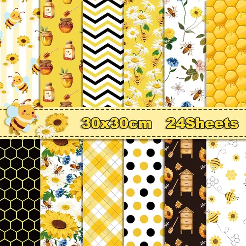 Papel de recortes de abejas de 12 x 12 pulgadas, doble cara, 24 hojas de papel decorativo de panal de abejas amarillo y negro con patrón especial