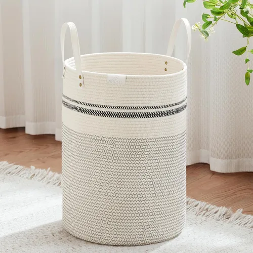 Miniatura 26 de VIPOSCO Cesta alta para ropa sucia, cesta grande para ropa sucia con mango de cuero, cesta de almacenamiento de cuerda tejida para manta, juguete