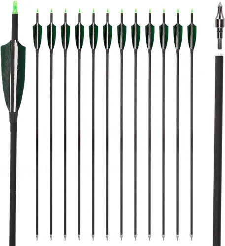 LWANO Flechas de Carbono de 30" - Flechas de Tiro con Arco para Práctica de Tiro al Blanco y Caza con Plumas de Pavo de 4" Spine 500 para Arco