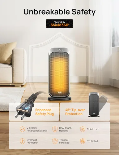 Miniatura 12 de Dreo Calentador de espacio silencioso, calentadores portátiles de 1500 W para uso en interiores con control remoto, oscilación de 70°, cerámica PTC
