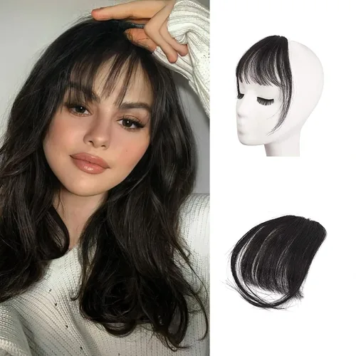 Miniatura 18 de BARSDAR Flequillo postizo de pelo humano real - Flequillo postizo 100% pelo humano para mujeres - Extensiones de flequillo ondulado castaño rojizo
