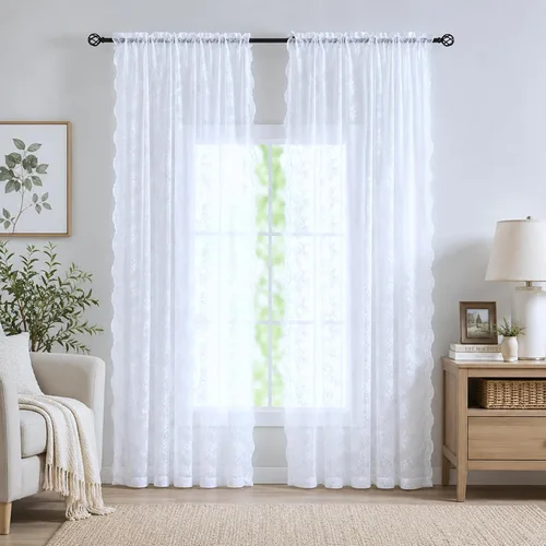Miniatura 117 de Juego de 2 paneles de cortinas traslúcidas rojas de 63 pulgadas de largo, cortinas de encaje de Navidad para dormitorio, tratamientos de ventana