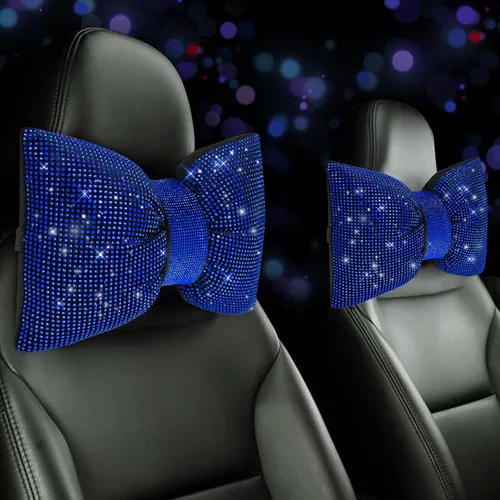 Miniatura 7 de 2 PCS Almohadas Brillantes para Automóvil, Almohada de Reposacabezas de Coche con Lazo de Pedrería, Almohada Cervical para Coche para Relajación