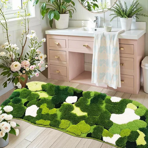 Miniatura 8 de Hifuwan Lindas Alfombras de Baño de Musgo Verde Shag, Tapetes de Baño de Hojas para Decoración de Baño Estética, Hojas Suaves Antideslizantes