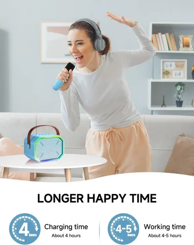 Miniatura 6 de Máquina de karaoke para niños y adultos, mini altavoz Bluetooth portátil con 2 micrófonos inalámbricos, luces LED para TV, regalos para niñas y Azul