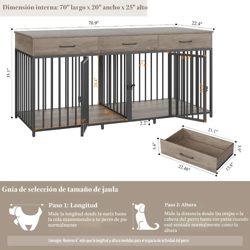 Miniatura 4 de HOSTACK Mueble doble para perros, perrera de 71 pulgadas de ancho para interiores con 3 cajones, jaula de granja para perros para 2 perros Gris