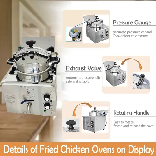 Miniatura 3 de Macheine de pollo frito comercial de alta presión de 16L, máquina de freír eléctrica de cocina profunda con canasta, freidora de presión de acero