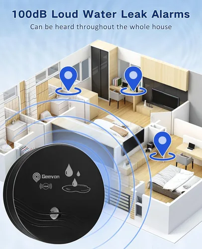 Miniatura 2 de Geevon 1 paquete de detectores de fugas de agua, sensor de agua de 100 dB, detector de inundación para sótanos, baños, lavanderías, cocinas, garajes