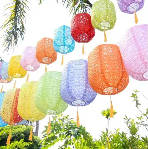 Miniatura 6 de Paquete de 12 linternas de papel chinas, japonesas, colgantes de papel con luces LED, borlas de 6.3 pulgadas, ovaladas para decoraciones de Año