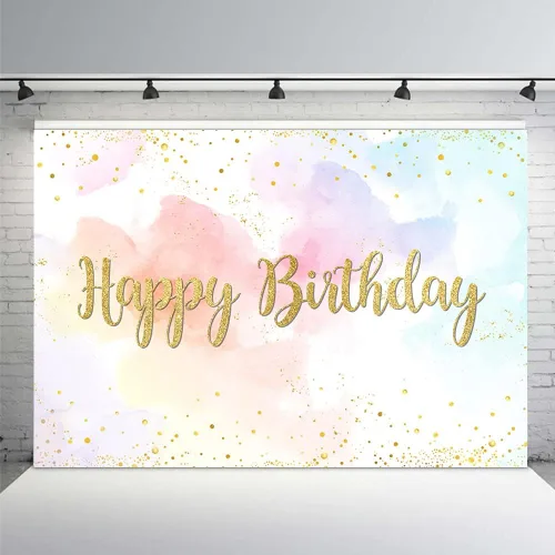 MEHOFOND Telón de fondo de feliz cumpleaños de arcoíris pastel de 7 x 5 pies para niñas, fondo de acuarela de princesa, nube de colores dorados con