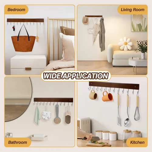 Miniatura 6 de UNIFUN Ganchos para llaves, ganchos para colgar en la pared con 12 ganchos, para entrada, baño, pasillo y cocina (color marrón, paquete de 2)