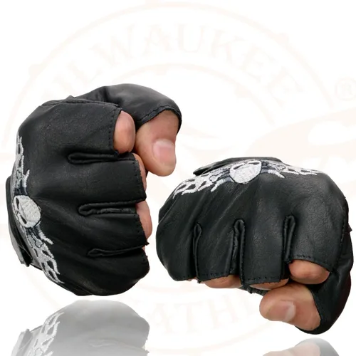 Miniatura 5 de Milwaukee Leather SH353 - Guantes de mano para motocicleta sin dedos acolchados de gel de cuero negro con calavera y huesos bordados