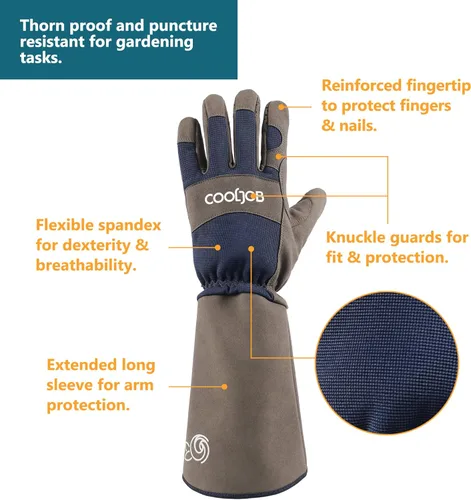Miniatura 3 de COOLJOB Guantes de jardín de poda de rosas a prueba de espinas para hombre, manga larga, acolchados, para trabajo en el patio, arbusto, mora, Azul