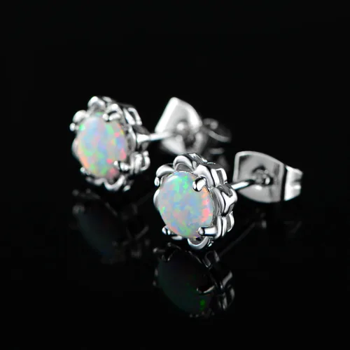 Miniatura 7 de Pendientes de tuerca chapados en oro blanco con ópalo de flores hipoalergénicos, regalo de joyería para mujer, Latón Gema, Piedra natal de ópalo