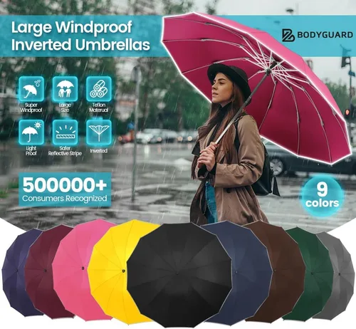 Miniatura 8 de Bodyguard Inverted Umbrella, Large Windproof Umbrellas for Rain & Sun, Compact Umbrella Reverse Umbrella with Reflective Stripe, Teflon Umbrella for