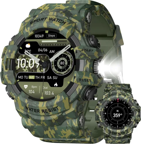 Miniatura 7 de MIDDOW Reloj inteligente militar con linterna (respuesta/hacer llamada), brújula, podómetro/frecuencia cardíaca/sueño/más de 100 modos deportivos