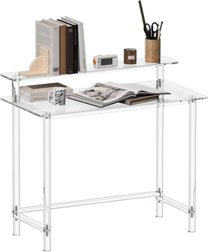 Miniatura 9 de Eglaf Escritorio acrílico para oficina en casa con soporte para monitor, escritorio moderno y transparente, mesa de estudio, escritorio