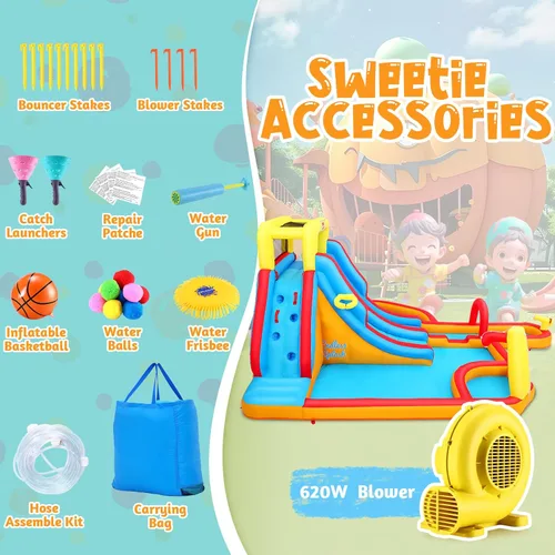 Miniatura 7 de Mega parque inflable de toboganes de agua, gran casa de rebote para niños de 5 a 12 años, tobogán acuático con pared de escalada, dos toboganes
