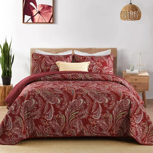 Miniatura 9 de WONGS BEDDING Juego de edredón bohemio tamaño Queen, juego de colcha y cubrecama con estampado floral paisley beige con 2 fundas de almohada, juego