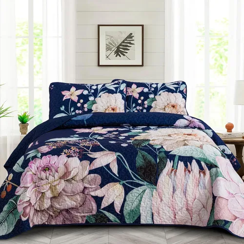 Miniatura 20 de Juego de colcha floral tamaño Queen de 3 piezas, juego de colcha con estampado floral rojo suave de microfibra ligera, cubrecama acolchado negro