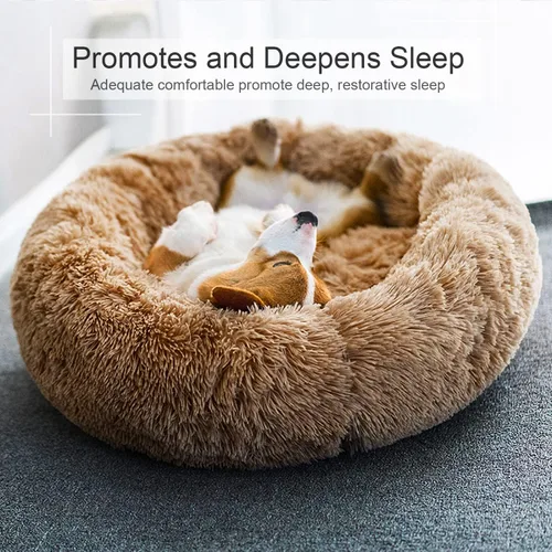 Miniatura 5 de Cama para perros, cama calmante para gatos, cama de felpa de piel sintética con forma de rosquilla para mascotas, cama redonda para perros y gatos