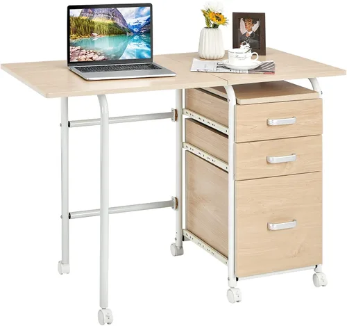 Miniatura 10 de Tangkula Escritorio plegable para computadora con 3 cajones de almacenamiento, escritorio de oficina en casa móvil, escritorio de estudio con ruedas