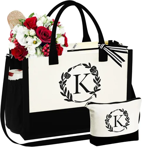 Miniatura 15 de YOOLIFE Bolsa de lona con inicial, bolsa de playa, bolsa de maquillaje con cremallera, regalos personalizados para madres, amigas, regalos