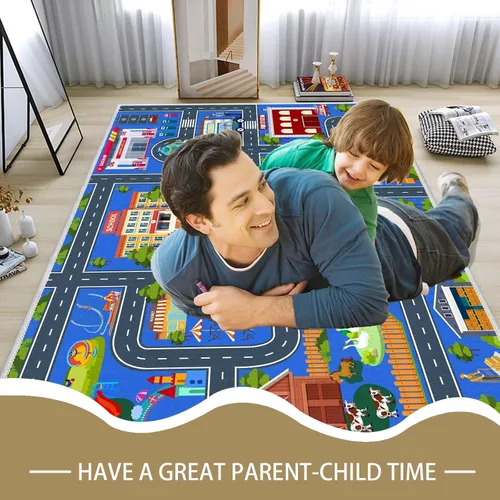 Miniatura 4 de Alfombra de coche de carretera para niños, 31 x 47 pulgadas, alfombra de pista de carreras de ciudad, alfombra de carreras para niños, alfombra