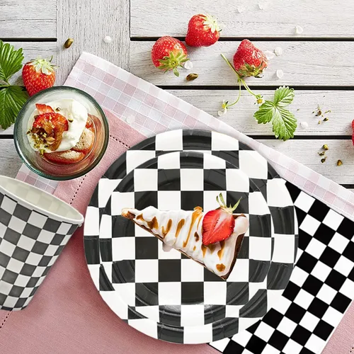 Miniatura 3 de 100 piezas de suministros de fiesta de autos de carreras a cuadros negros y blancos, platos de cena y postre de 9 y 7 pulgadas, servilletas, tazas