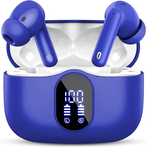 Auriculares inalámbricos, Bluetooth 5.4, estéreo de bajos, auriculares con micrófono con cancelación de ruido, pantalla LED en el oído, llamadas Azul