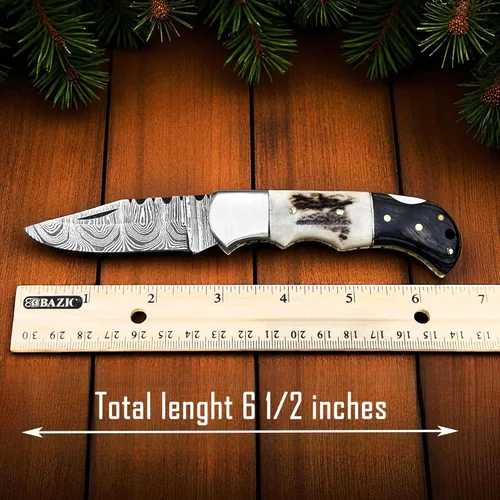 Miniatura 7 de WINTERFELL Cuchillo de Bolsillo Plegable de Acero de Damasco para Hombres con Funda de Cuero, Regalos 100% Hechos a Mano para Esposo, Papá, Novio