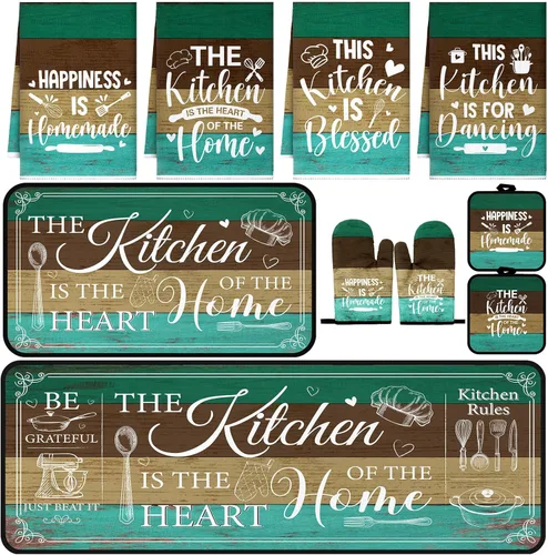 Fourluoo Juego de 10 piezas de decoración y accesorios de cocina de granja, 4 toallas de cocina, 2 soportes para ollas, 2 guantes de horno, 2 Verde