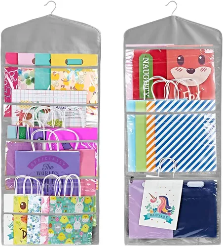 Miniatura 9 de Bolsa de regalo y almacenamiento de papel de seda, organizador colgante con múltiples bolsillos delanteros y traseros de doble cara, organiza papel