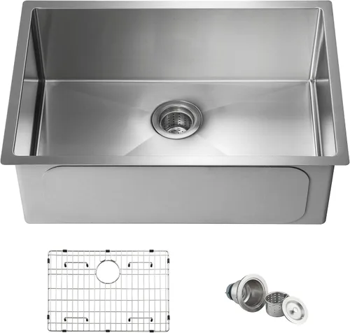 KIBI K1-S28 - Fregadero de cocina hecho a mano con estación de trabajo de 28 pulgadas | Fregadero de acero inoxidable de un solo tazón con rejilla