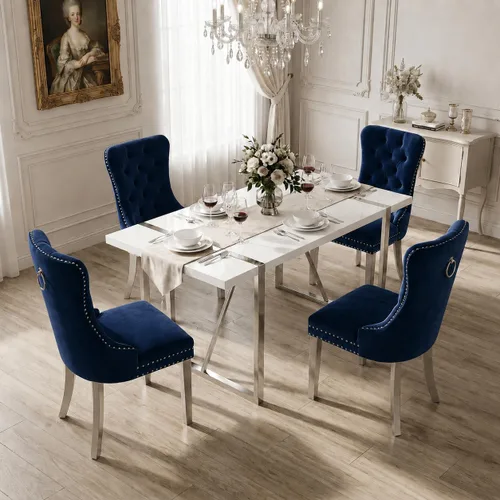 Miniatura 23 de Juego de mesa de comedor negra para 4, parte superior negra brillante de 55 pulgadas con patas de metal dorado, juego de mesa de comedor moderno