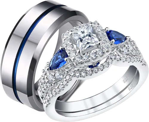 Sheloves - Juego de anillos de boda para pareja, mujer, plata de ley con circonita cúbica para hombre, anillos de tungsteno azul para él y ella