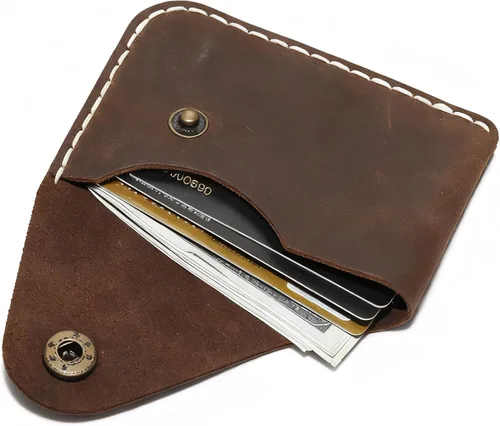 Miniatura 28 de Cartera organizadora de tarjetas de bolsillo frontal cosida a mano minimalista de cuero genuino para tarjetas, billetera con tarjetero pequeño, Negro