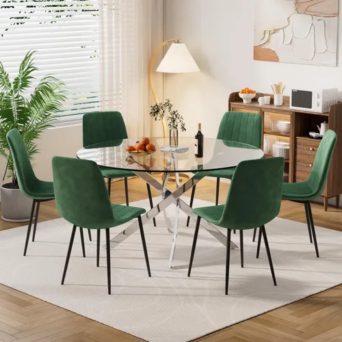 Miniatura 15 de Moderno juego de mesa redonda de vidrio para 4, 36 pulgadas, pequeña base negra de vidrio templado con 4 sillas de comedor minimalistas beige, juego