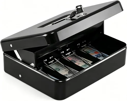 Miniatura 13 de KYODOLED Caja de dinero grande con cerradura de combinación, caja de dinero con bandeja para efectivo, caja fuerte con cerradura con llave, Negro-2