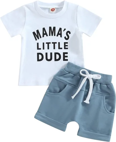 Miniatura 46 de Conjunto de traje de verano para bebé niño pequeño, manga corta, cuello redondo, letras impresas, lindo traje de verano, conjunto de 2 piezas