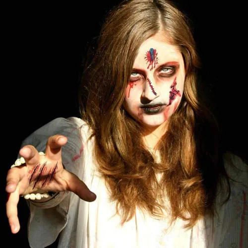 Miniatura 4 de Tatuajes de Halloween, 30 hojas de tatuaje temporal, tatuajes realistas de Halloween, cicatrices de zombies, tatuajes falsos sangrantes para heridas