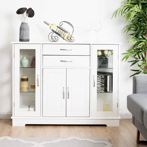 Miniatura 4 de Giantex - Aparador para servidor de buffet, armario de almacenamiento con 2 cajones, 3 gabinetes y puertas de cristal para cocina, comedor, mueble