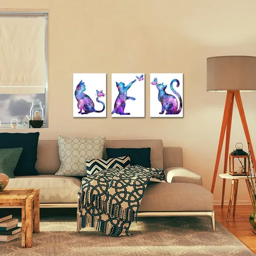 Miniatura 2 de KLVOS Arte de pared de animales lindos para decoración de habitación de niños, diseño de mariposas moradas y gatos estrellados, impresiones
