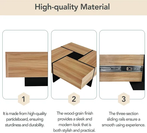 Miniatura 7 de DHAEY Mesa de centro cuadrada con 4 compartimentos de almacenamiento ocultos, mesa central con mesa deslizante extensible, mesa de cóctel, mesa