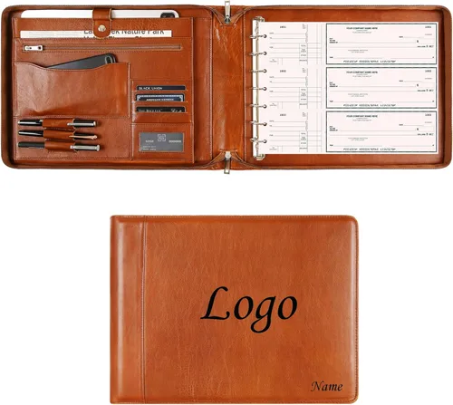 Cuaderno de cheques personalizado de cuero para negocios, carpeta de 7 anillos grabada con soporte para libro de cheques para 3 por página, Marrón