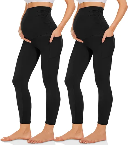 QGGQDD Paquete de 2 leggings de maternidad sobre el vientre con bolsillos, pantalones negros de cintura alta para entrenamiento, embarazo