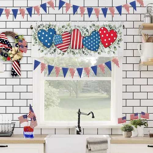 Miniatura 4 de Cortina de cenefas para el 4 de julio, diseño de corazón y bandera americana, cortina patriótica para ventanas de cocina, rojo, blanco y azul