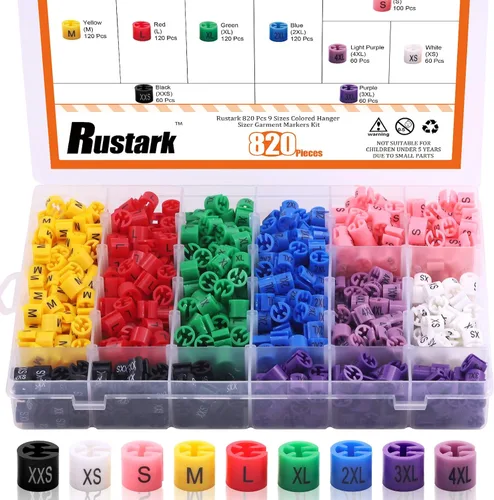 Juego de 820 marcadores de ropa de colores, 9 tamaños, ganchos de plástico para ropa, codificación de colores, clips de tamaño codificados con caja